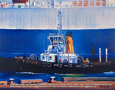 Plein air painting of the tug 'Karoo' from the East Darling Harbour Wharves.painted by industrial heritage artist Jane Bennett